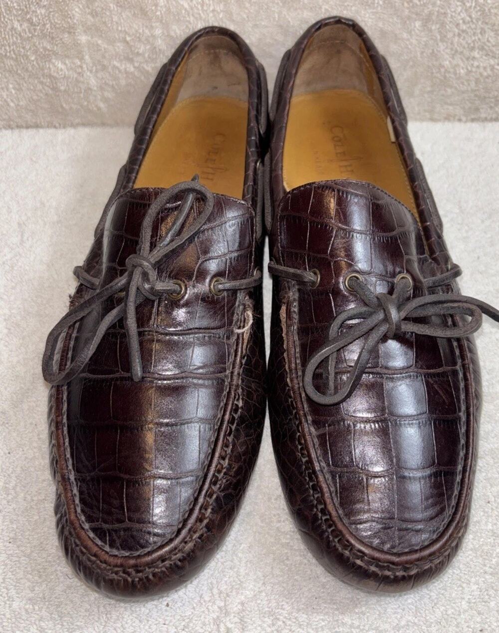 Cole Haan Men 10.5 M Brown Leather Croc Embossed Driving Loafers C07910 Shoes